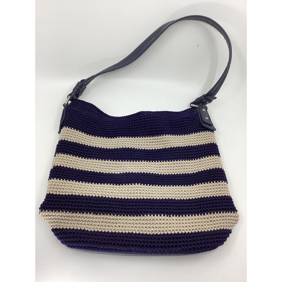 The Sak Handbags - The Sak Navy Blue Cream Striped Crochet Hobo Shoulder Bag Nautical Boho Zip Top
